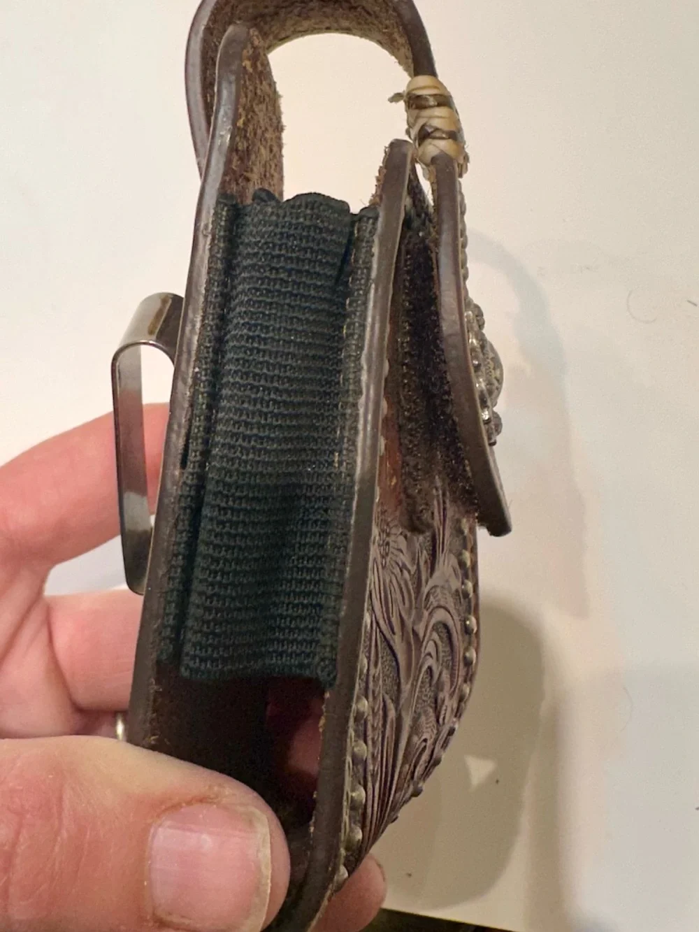 Tooled Brown Leather Western Belt Holster with Floral Design